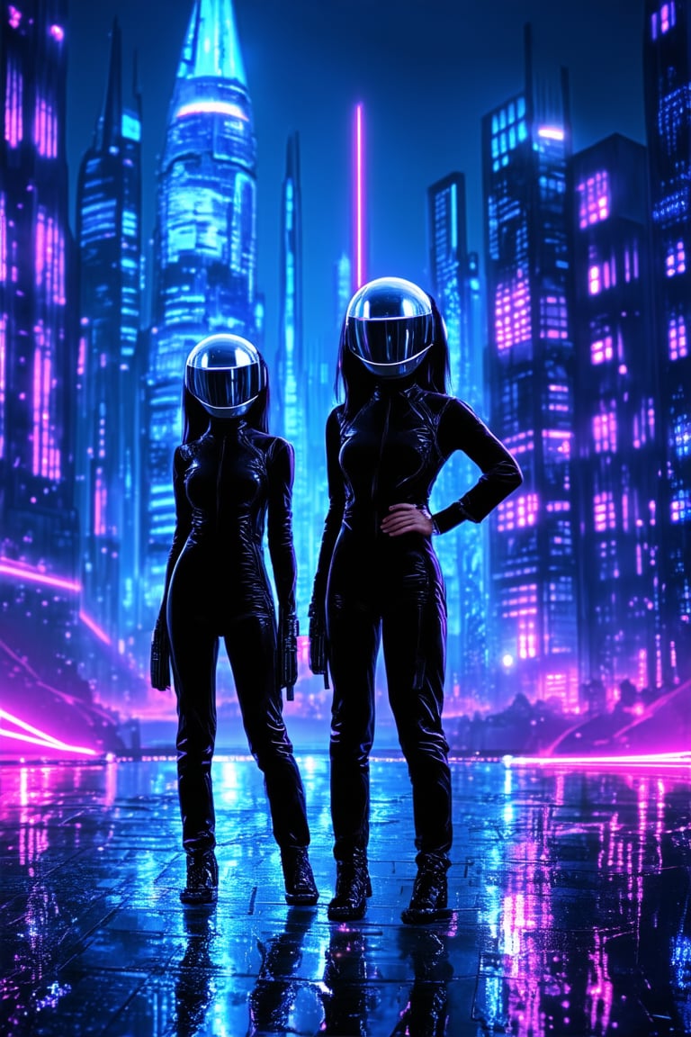 A futuristic cityscape at dusk with neon lights reflecting off the wet pavement, three space girls in sleek black jumpsuits and silver helmets pose confidently against a backdrop of towering spacecraft. One girl holds a laser gun, another has her hand on her hip, and the third gazes out into the distance, their faces illuminated by the vibrant hues of the city's skyline.