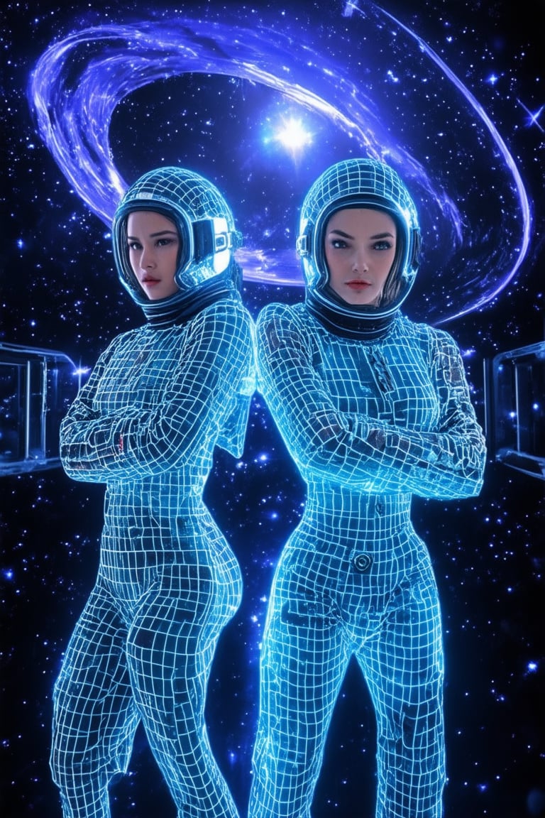 Three space-suited females in neon-lit jumpsuits, surrounded by a swirling vortex of stars and planets, stand back-to-back, arms crossed, and gazes out into the cosmos with determination. The dimly lit space station's metallic gridwork reflects off their helmets, accentuating their futuristic attire.