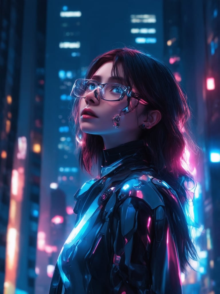 In a futuristic cityscape bathed in neon lights, a cyberpunk girl with striking clear glasses and intricate cybernetic details stands out against the backdrop of towering skyscrapers. The golden ratio guides her pose, as she gazes upward with sharp focus on the vibrant lights above. Her face is a masterpiece of detailed features, with shimmering eyes that seem to hold a thousand secrets. The city's deep background fades into darkness, punctuated by subtle light leaks and subsurface scattering that cast a warm glow on her porcelain skin. Rim light highlights the contours of her cybernetic enhancements, as she stands confidently, surrounded by an atmosphere of charm and wonder.