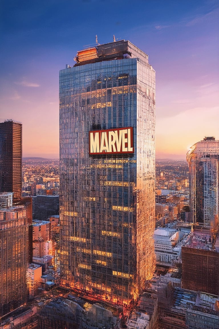 A vibrant cityscape at dusk with a bold, bright Marvel logo emblazoned on a sleek skyscraper facade, illuminated by a warm glow of golden hour light. The dynamic composition features the iconic logo as the focal point, surrounded by bustling urban activity and a kaleidoscope of colors.