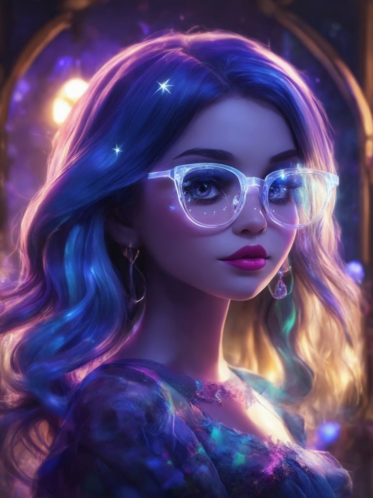 A cyberpunk beauty donning clear neon glasses, framed against a vivid, golden ratio-compliant backdrop. Softly lit by warm, rim-lit highlights and subtle light leaks, her intricate details shine like a masterpiece in 32k UHD. Her decadent, highly-detailed face radiates charm, with eyes that sparkle like stars in the night sky. The smooth, sharp focus is punctuated by deep, vibrant complementary colors, as if painted by Loish or Artgerm. Ever After High's whimsical fantasy unfolds, elevated by the artist's masterful use of subsurface scattering and nuanced shading.