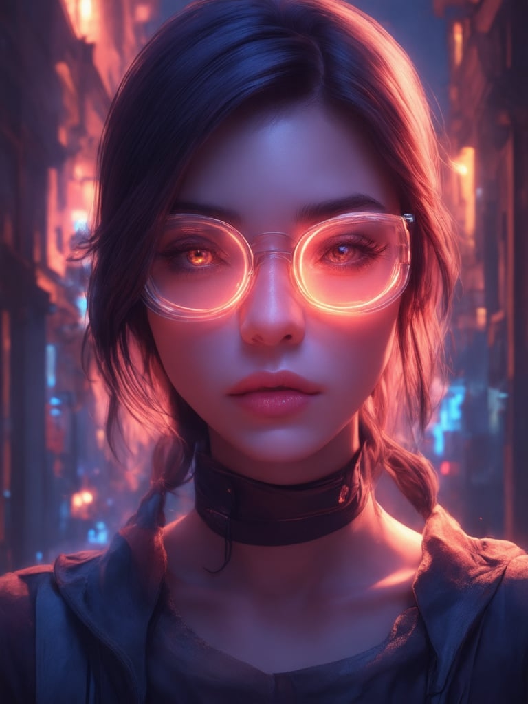 A cyberpunk beauty, bathed in warm neon hues, wears clear glasses that glow with an otherworldly intensity. Her golden ratio-posed face is set against a vibrant, highly detailed fantasy backdrop, where intricate cityscapes meet decadent ornate details. The 32k UHD illustration shines with smooth, sharp focus, as if crafted by the masters at Artgerm, Loish, or Wlop. Heartwarming, uplifting, and charming, this cyberpunk siren's story unfolds like a masterpiece. Her eyes sparkle with subtle depth, framed by rim light that casts a warm glow. Subsurface scattering adds an air of mystery to her features, as light leaks inject a touch of whimsy. The overall effect is a true work of art, fit for the pages of Artstation or Concept Art.