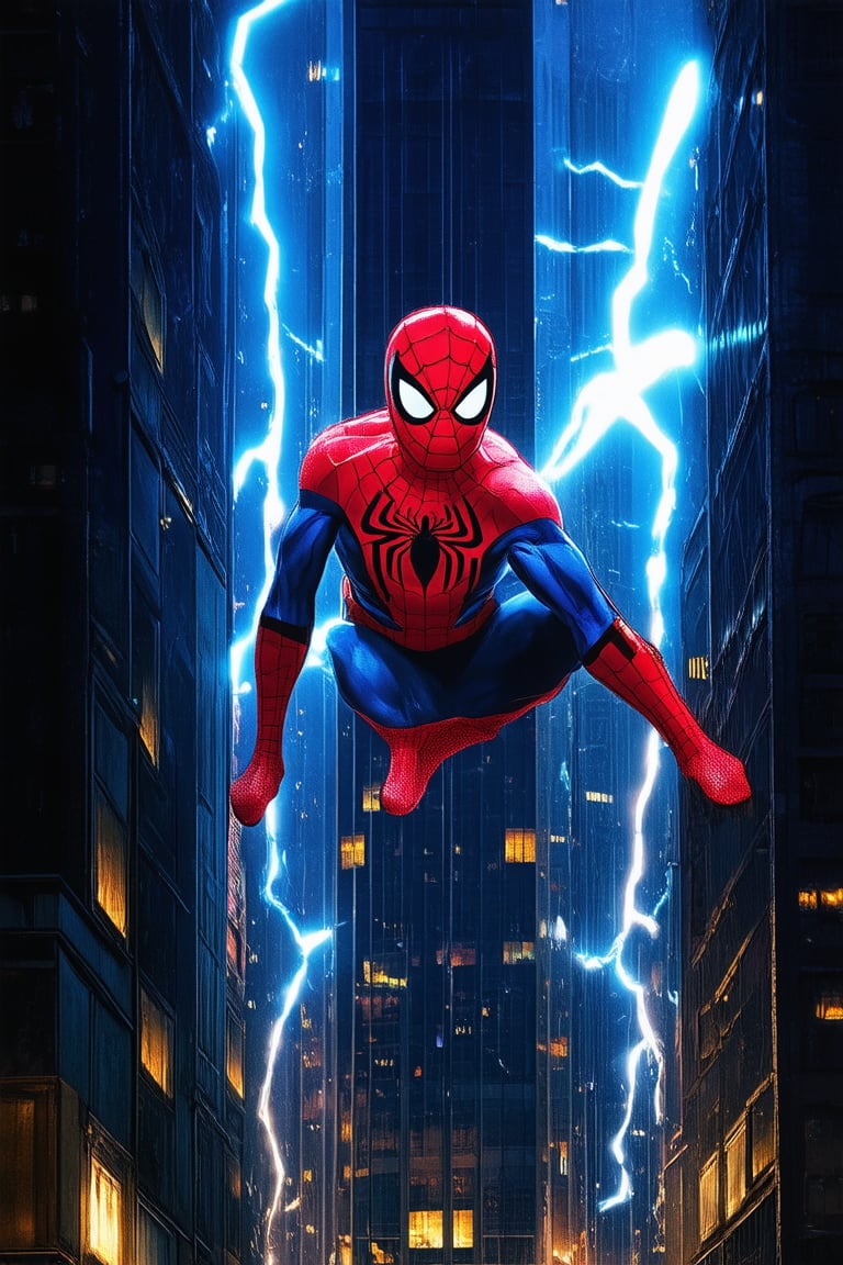 A vibrant, electric blue glow illuminates the darkened cityscape as Spider-Man, dressed in his iconic red and blue suit, swings into action. The bright lights of Marvel Comics' logo emblazoned on the side of a skyscraper serve as a beacon, casting a warm glow over the bustling streets.