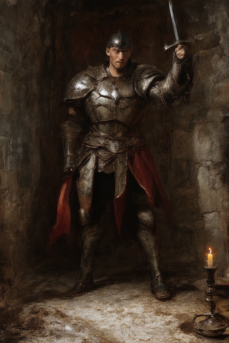 A heroic figure stands tall in a dimly lit, medieval-inspired chamber. The Legend, clad in armor, holds a sword aloft as if proclaiming victory. The stone walls and ancient tapestries provide a rugged backdrop, while the soft glow of candles casts dramatic shadows. The hero's strong pose exudes confidence and power.