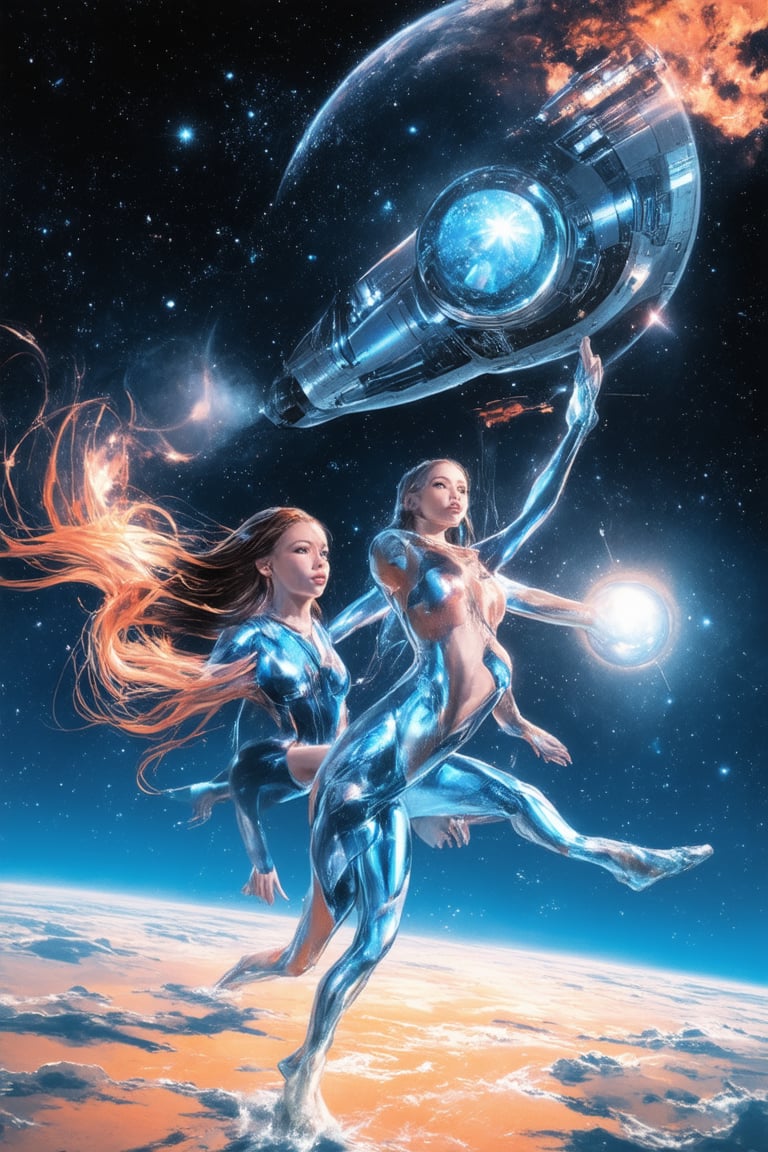 A futuristic spacecraft orbits a distant planet as a group of stunning Space Girls float outside in zero gravity, their iridescent jumpsuits shimmering under soft blue lighting. A sleek silver spaceship looms behind them, its engines glowing with a warm orange hue. One girl's long hair flows like a river of starlight, while another holds a glowing orb, radiating an aura of intergalactic wonder.