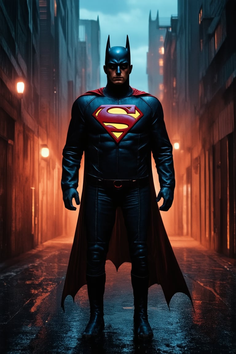 A dark and gritty cityscape at dusk, reminiscent of Batman's Gotham City. The iconic Superman logo emblazoned on a worn leather jacket, as the Man of Steel stands tall in a misty alleyway, his eyes scanning the shadows for any sign of danger. Neon lights reflect off the wet pavement, casting a moody glow.