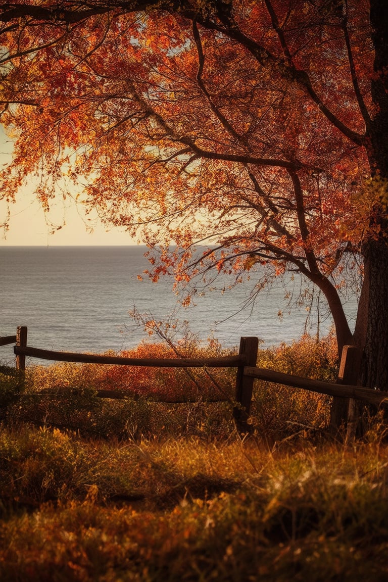 A warm golden light casts a cozy glow on a serene autumn landscape. Vibrant leaves of orange, red, and yellow blanket the trees, with a few stray branches stretching towards the sky like nature's own brushstrokes. A rustic wooden fence weaves its way through the underbrush, leading the eye to a distant horizon where the sun dips into a sea of fiery hues.