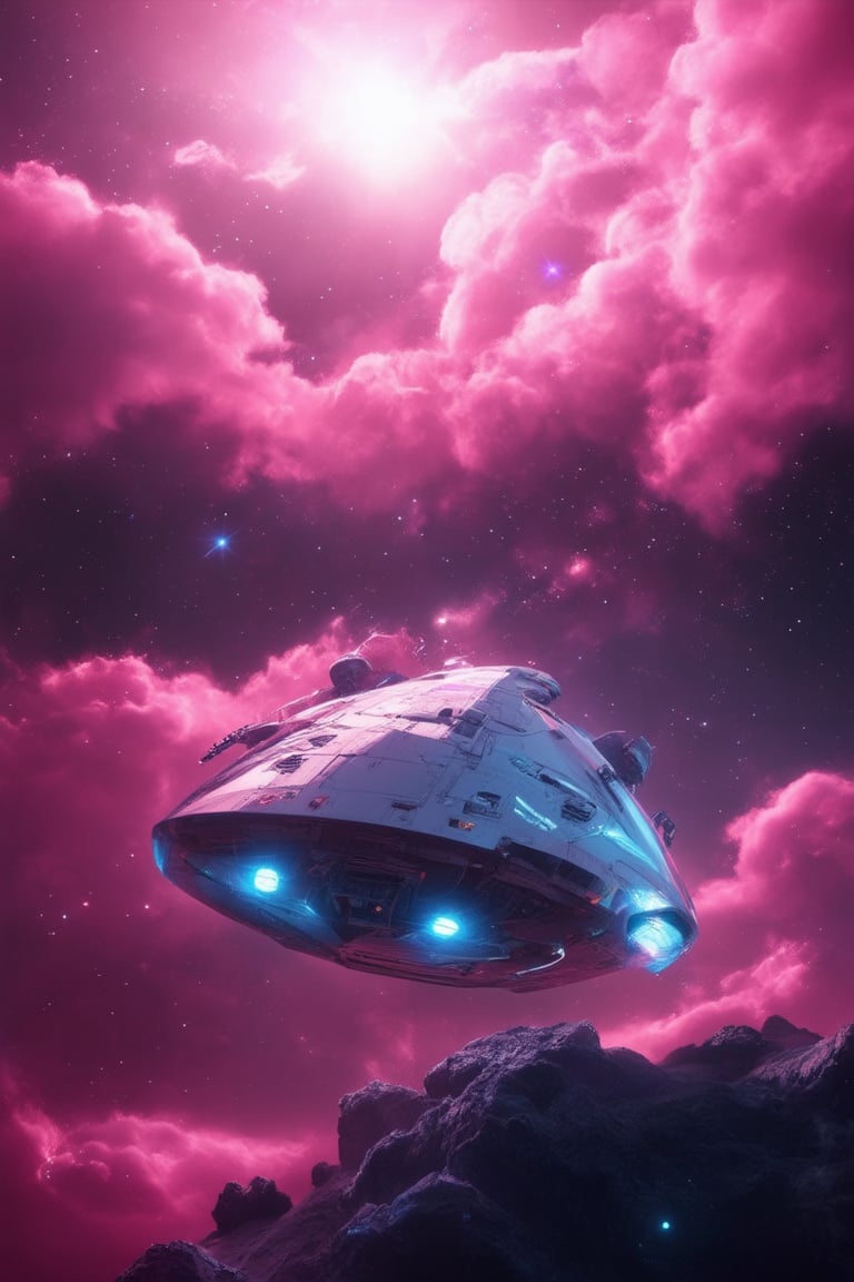 A futuristic spacecraft hovers in a vibrant pink 3D environment, with swirling clouds of glittering stardust and neon blue accents. The sleek ship's hull glows softly, as if illuminated from within, set against a dark background to make the colors pop. The camera captures a low-angle shot, looking up at the craft from the starry ground, emphasizing its otherworldly presence.