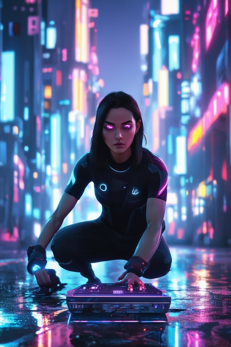 A futuristic cityscape at dusk, neon lights reflecting off wet pavement as 'Echo', a sleek and agile gamer, crouches in front of a holographic console, eyes fixed on the screen. Her fingers dance across the controls, a focused intensity etched on her determined face.