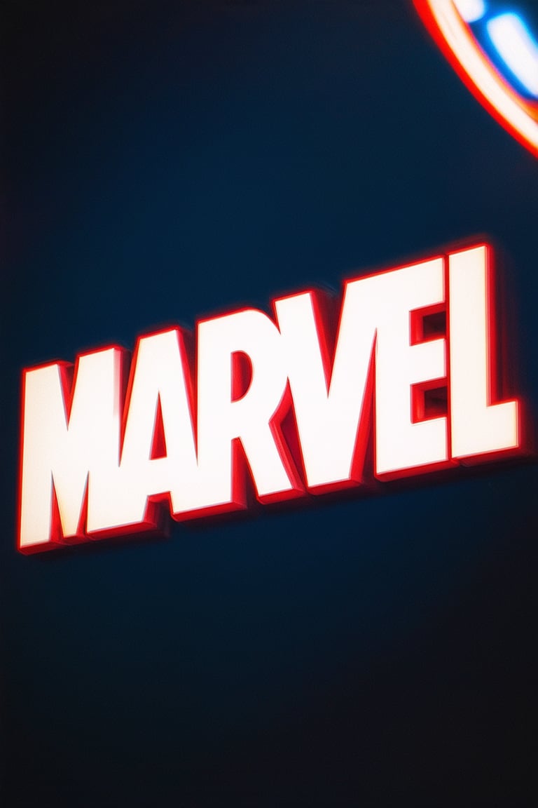 A dynamic close-up shot of Marvel's iconic bright logo, with bold typography and a vibrant color scheme, set against a dark blue or black background to make it pop. The camera zooms in on the logo as if examining every detail, highlighting its energetic and youthful appeal.