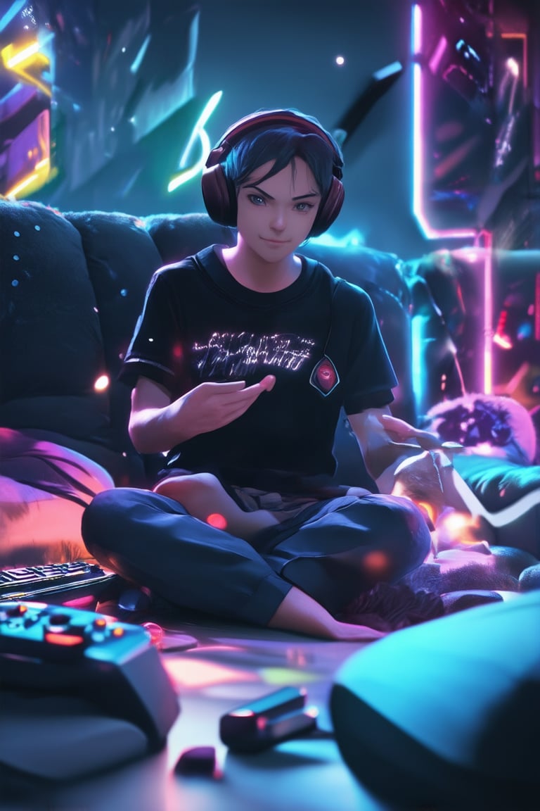 A young gamer sits cross-legged on a plush couch, surrounded by neon-lit gaming equipment and scattered controller buttons. The character's eyes gleam with excitement as they gaze intensely at the screen, fingers flying across the keyboard. A messy tangle of headphones and charging cables sprawls behind them. Soft focus highlights the character's determined expression.