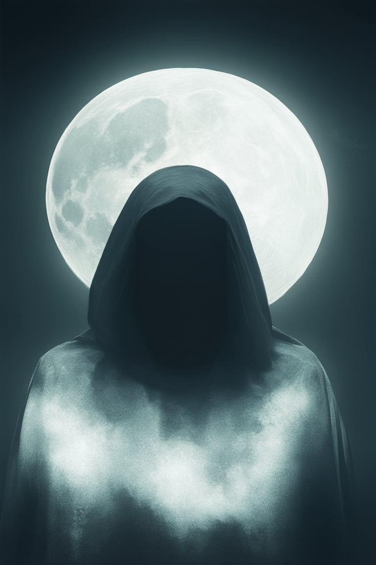 A mysterious figure shrouded in darkness, illuminated only by a faint crescent moon casting an eerie glow. The subject's face is obscured, yet their pose exudes a sense of allure and mystique, as if hiding secrets in the shadows.