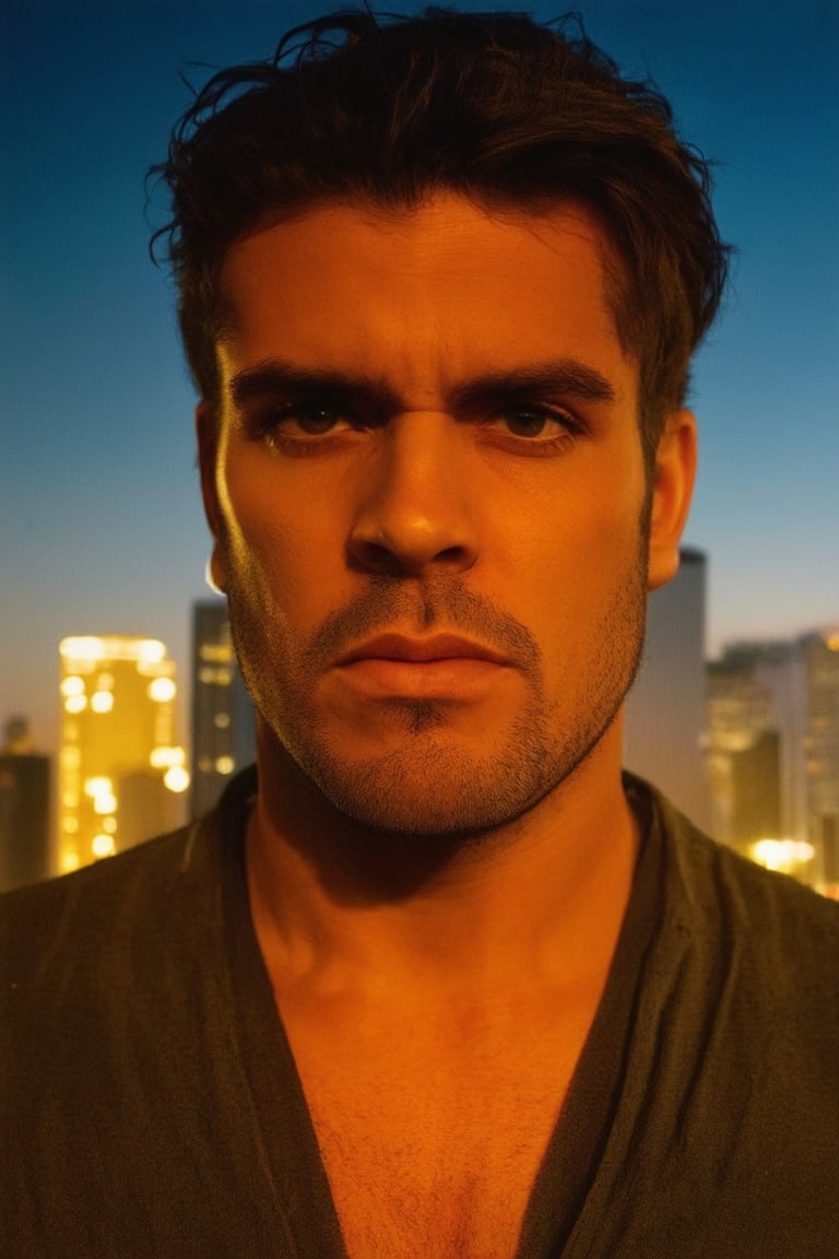 A close-up shot of Jero's determined face, lit by a warm golden light, as he stands firmly in front of a cityscape backdrop at dusk. His eyes are fixed on the distant buildings, his jaw set in resolve. The camera captures every crease on his forehead and the slight furrow of his brow, conveying his unwavering determination.