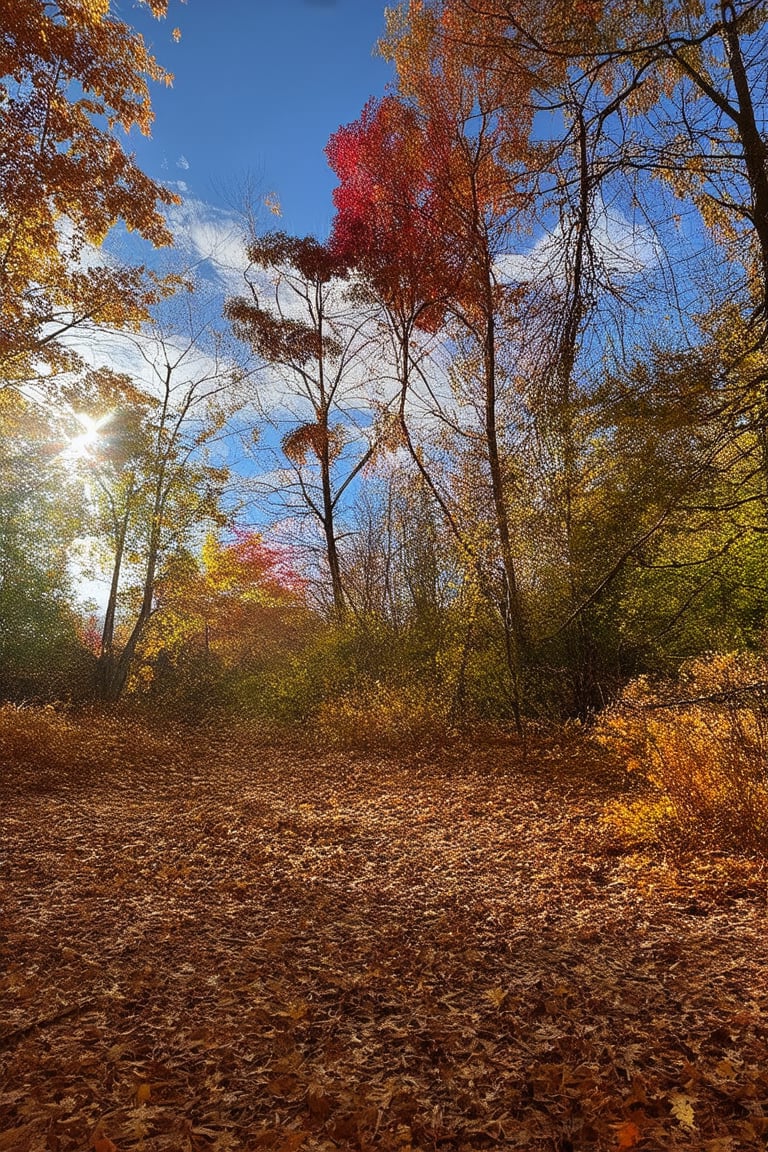 A serene autumn landscape: warm sunlight casts a gentle glow on vibrant foliage, with leaves of amber, crimson, and golden hues rustling in the soft breeze. Trees stand tall, their branches etched against a brilliant blue sky dotted with wispy clouds. The ground beneath is covered in a crunchy carpet of fallen leaves, inviting the viewer to step into the cozy atmosphere.