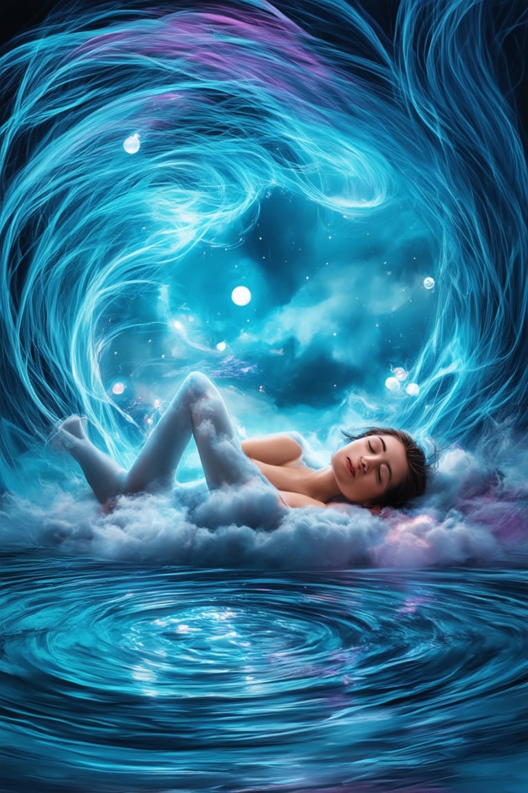 A surreal dreamscape unfolds as a figure reclines on a cloud-like surface, surrounded by wispy tendrils of fog and soft, luminescent orbs. The subject's eyes are closed, their face tilted upwards in a peaceful slumber, while the background dissolves into a swirling vortex of blues and purples, like a whirlpool of subconscious thoughts.