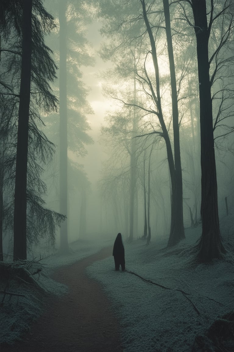 A dimly lit, isolated forest at dusk, with towering trees blocking out most of the sunlight. The air is thick with mist, casting an eerie veil over the scene. A lone figure, shrouded in shadows, stands frozen amidst the underbrush, exuding an aura of mystery and foreboding.