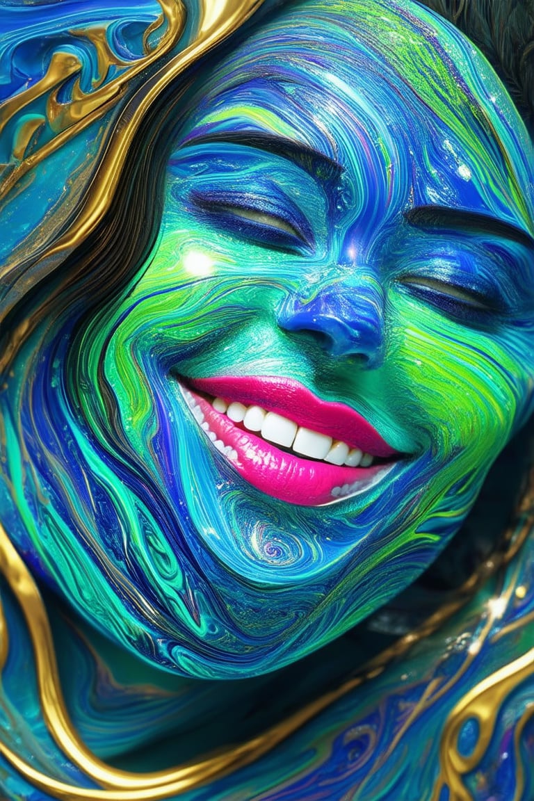 A close-up shot of a 3D colorful face with vibrant, swirling patterns in shades of blue and green on the skin, surrounded by gleaming golden accents. The subject's bright pink lips curve into a cheerful smile, framed by sparkling white teeth. A subtle gradient effect gives the image depth and dimensionality.