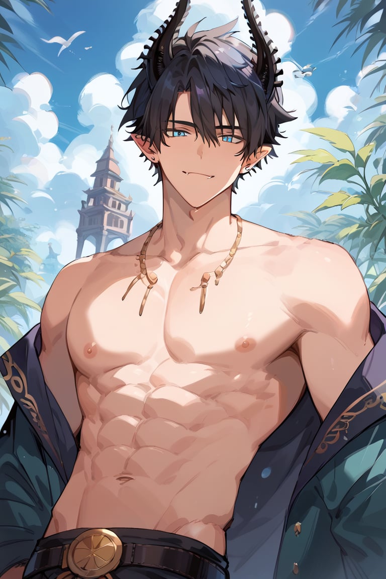 score_9, score_8_up, score_7_up, masterpiece, best quality, 1boy, male focus, ren_zotto, horns, black hair, blue eyes, pointy ears, looking at viewer,Touch your abs and ejaculate