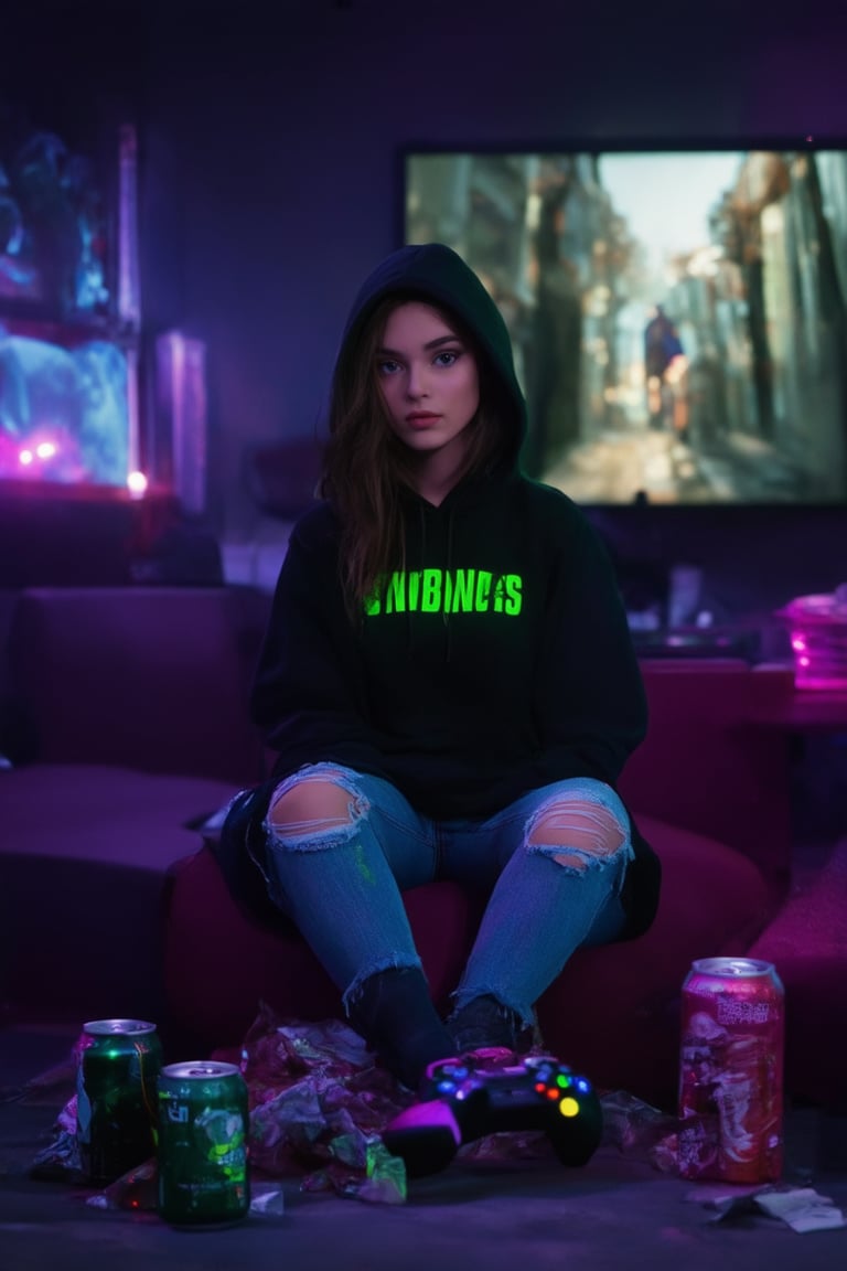 A gamer's paradise: A young woman, dressed in a striking black hoodie with neon green accents and ripped jeans, sits in a cozy dimly lit gaming den. Flickering LED lights illuminate her focused gaze on the massive screen behind her, where an immersive virtual world unfolds. A controller lies abandoned at her feet, surrounded by empty energy drink cans and crumpled snack wrappers.