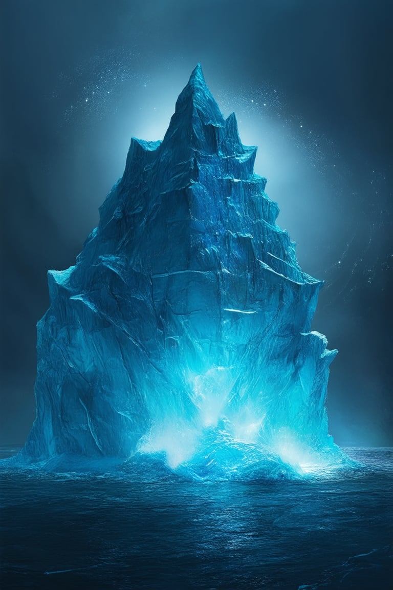 A majestic iceberg rises from the misty veil of a mystical realm, its crystal blue core glimmering like a shard of celestial magic. The frozen behemoth's serrated edges glisten with an otherworldly sheen, as if infused with stardust and ancient wisdom. A swirling vortex of ethereal energy dances around its base, hinting at the secrets hidden within.