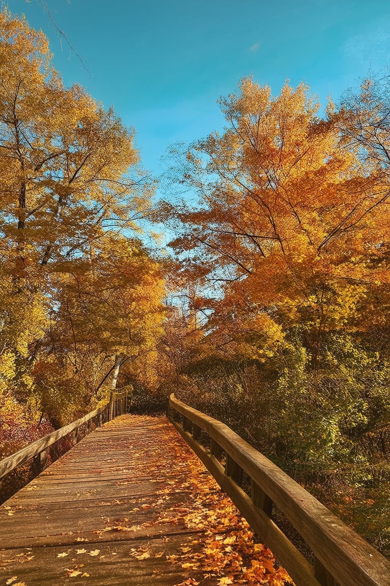 A warm autumn afternoon, with golden leaves scattered across a rustic wooden bridge, surrounded by lush greenery and towering trees. Soft, filtered sunlight casts a gentle glow, highlighting the vibrant orange hues of a nearby maple tree as it stands proudly against a serene blue sky.