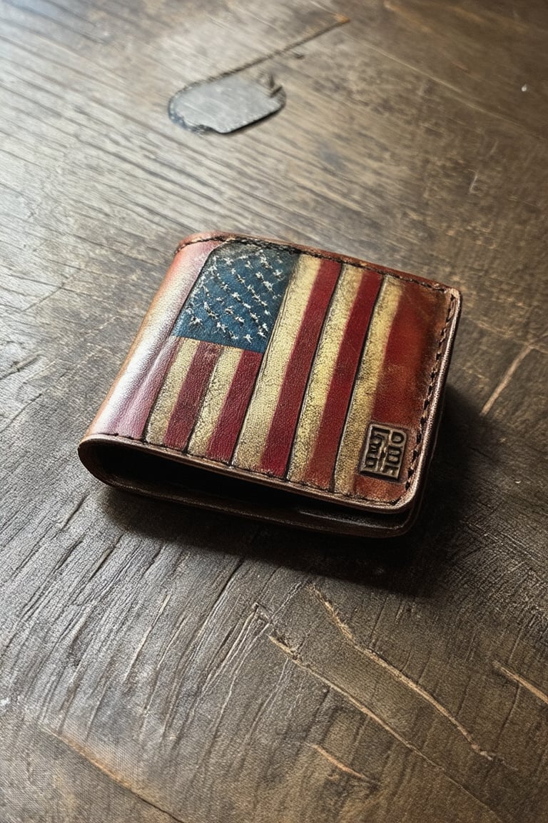 A close-up shot of a worn leather wallet with a faint American flag pattern on its surface, partially opened to reveal a dog tag with 'Jero' engraved. Soft overhead lighting casts a warm glow, highlighting the weathered texture and creased edges. The wallet sits atop a rustic wooden table with a subtle vintage vibe.