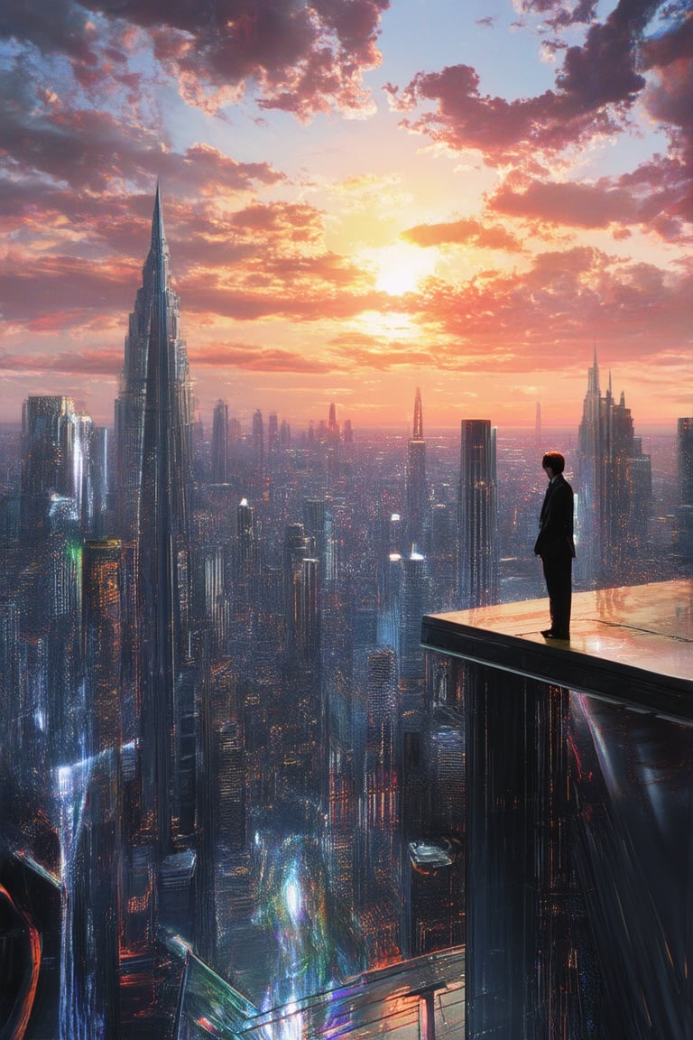 A futuristic cityscape at dusk with a holo-dyss hovering above the skyline. The sky is painted with vibrant hues of orange and pink as the sun sets behind towering skyscrapers. A lone figure stands atop a rooftop, gazing out at the holographic projection of a distant planet, its swirling clouds and shimmering surface a mesmerizing blend of light and color.