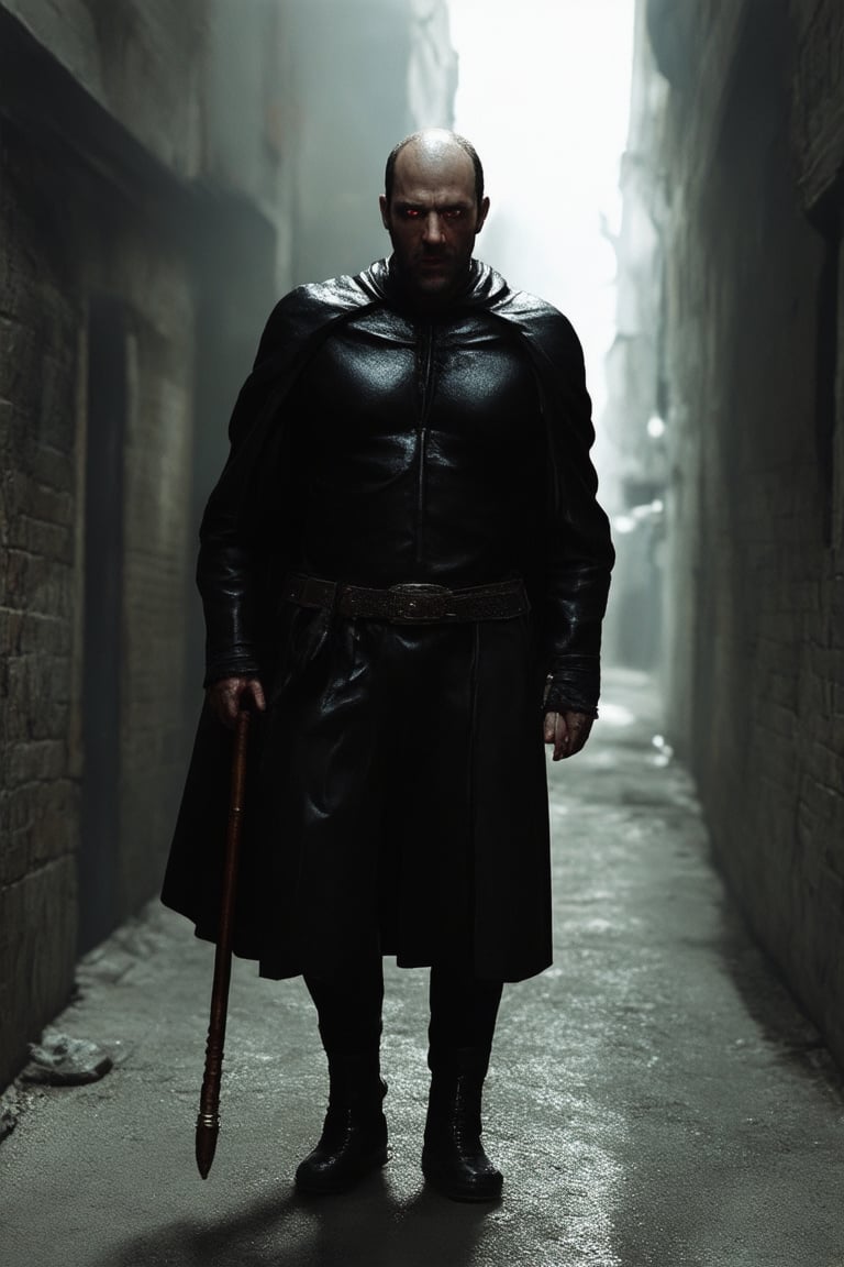 A dark hero stands tall in a dimly lit alleyway, shadows casting an ominous tone on his rugged face. His eyes gleam like embers in the darkness, piercing through the gloom as he surveys the desolate surroundings. A black leather duster coat wraps around him, billowing out behind him like a cape, while a silver-tipped cane clutches firmly in his hand.