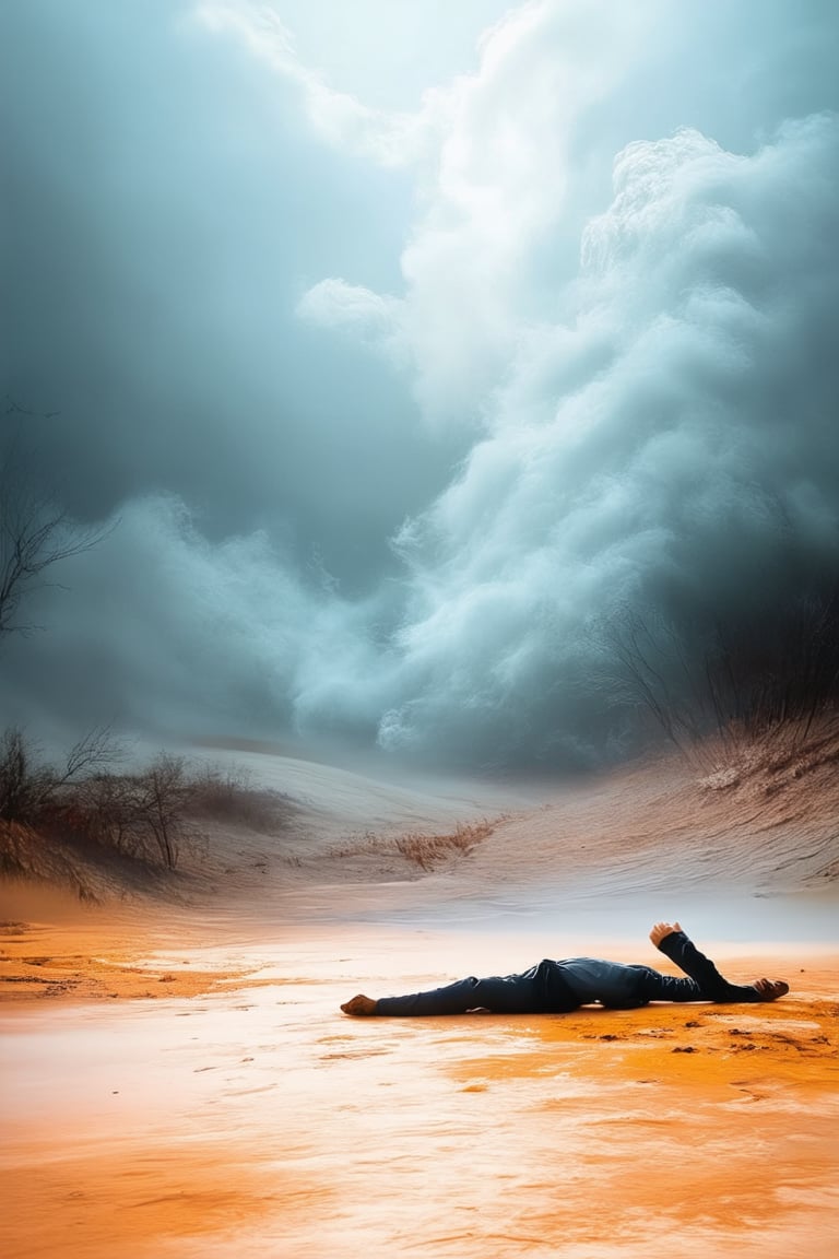 A dreamlike atmosphere prevails as a person lies on a surrealistic landscape, surrounded by wispy clouds and eerie mist. The soft focus captures the ethereal quality of the scene, with warm lighting casting an otherworldly glow.