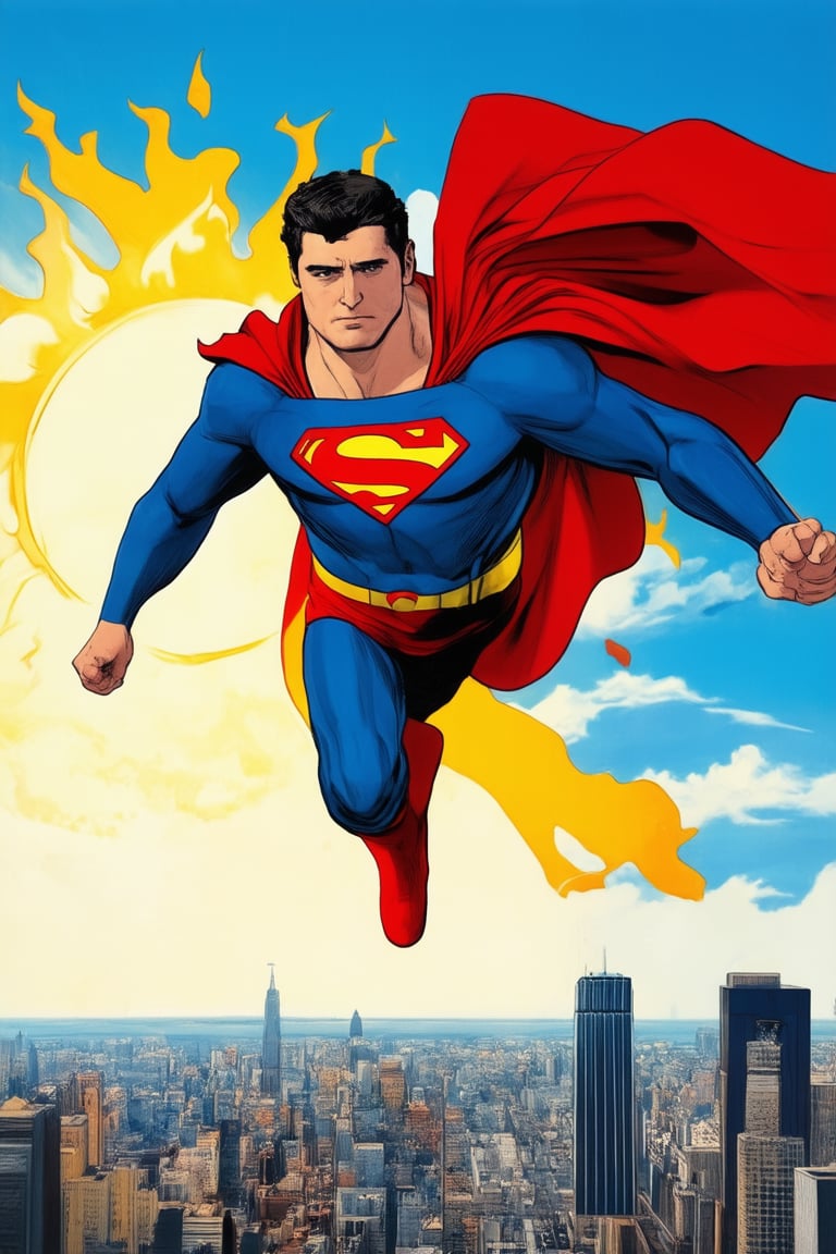 A dynamic illustration of Superman soaring through a bright blue sky with a fiery sun setting behind him, his iconic red and blue suit glistening in the warm light. The Man of Steel's powerful figure is posed mid-flight, cape flowing behind him like a golden aura. A cityscape unfolds below, a testament to his unwavering dedication to truth and justice.