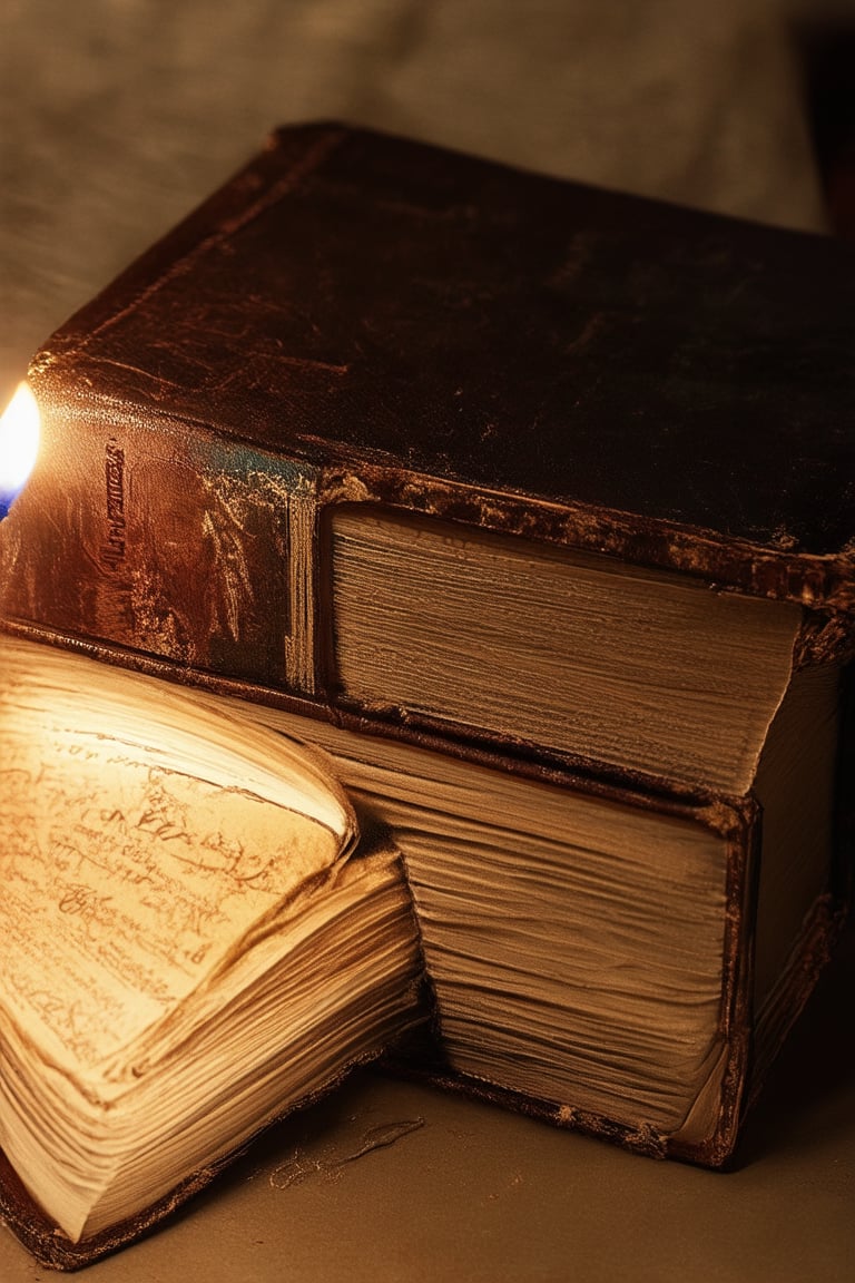 A cinematic close-up shot of a weathered, leather-bound book, its worn cover creaking open to reveal yellowed pages filled with ancient legends. Soft, warm lighting illuminates the text, as if candlelight from a bygone era. The camera lingers on the intricate illustrations and calligraphy, transporting viewers to a mystical realm.