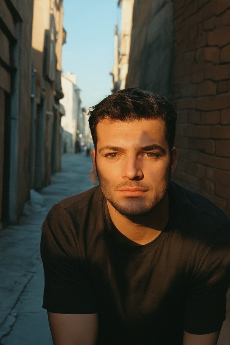 A close-up shot of Jero's rugged face, with a hint of stubble and piercing brown eyes. His strong jawline is accentuated by a soft focus on the background, emphasizing his determination. The warm golden light illuminates his features, casting a subtle shadow on the cheekbones. He's sitting in a dimly lit alleyway, brick walls towering behind him, with a hint of cityscape in the distance.