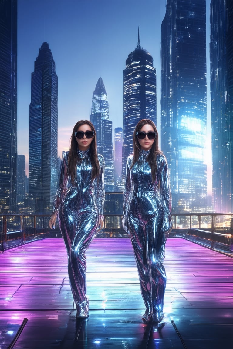 A futuristic cityscape at dusk, with neon lights reflecting off a sleek spaceship landing in the distance. Two space girls, wearing shimmering silver jumpsuits and oversized sunglasses, pose confidently on the ship's ramp, their long hair flowing in the gentle breeze. The dominant subject is the dynamic duo, framed by the city's towering skyscrapers and vibrant colors.