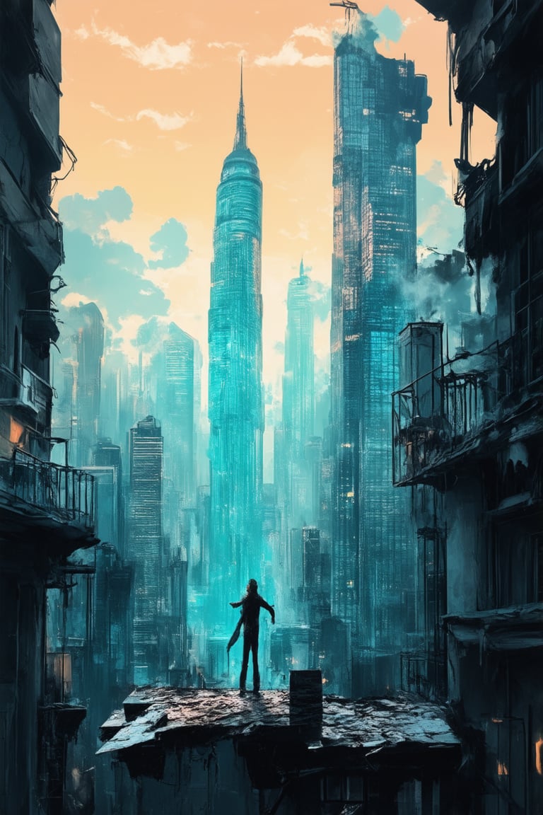 A surreal cityscape at dusk, with towering skyscrapers and twisted architecture, bathed in a soft blue-green glow from the setting sun. The air is filled with wispy clouds of purple smoke, as if the city itself was exhaling a dreamy sigh. In the center, a lone figure stands atop a crumbling rooftop, arms outstretched to the sky, lost in contemplation.