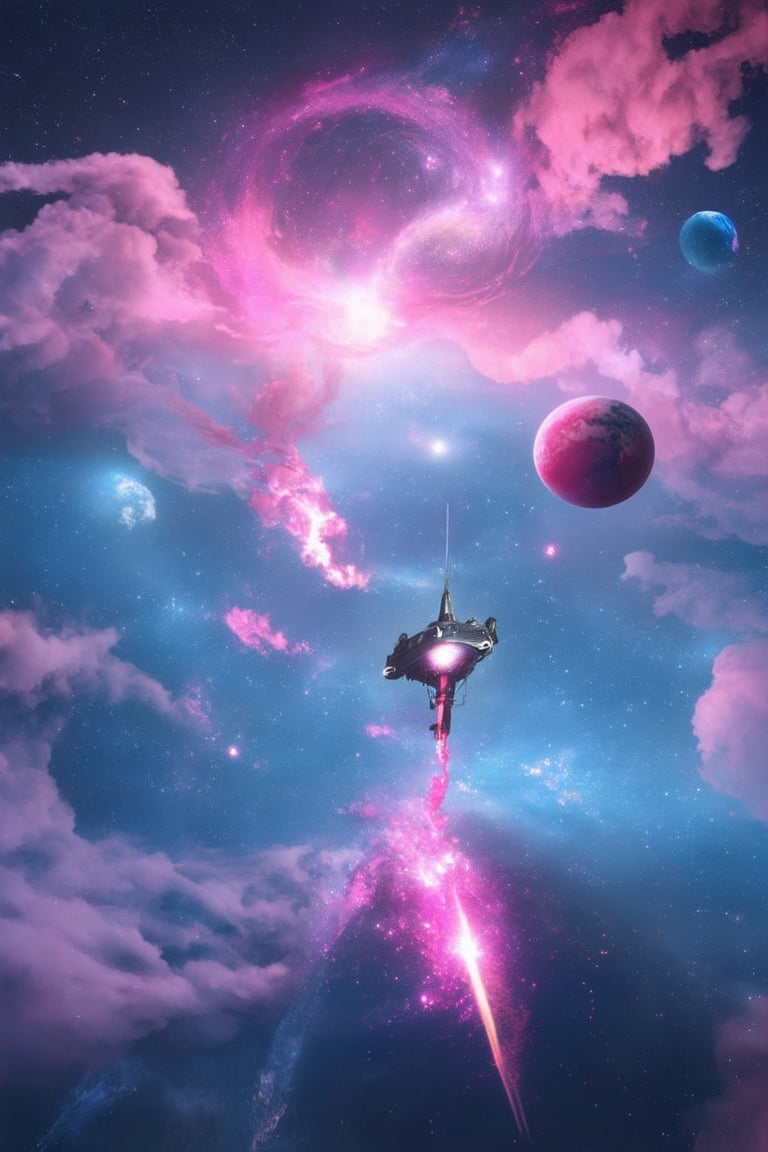 A futuristic 3D pink space scene: A pink-hued galaxy fills the frame, with swirling clouds of hot pink gas and stars shining like tiny diamonds. In the foreground, a sleek spaceship with neon pink stripes zooms through the cosmos, leaving a trail of glittering stardust. The composition is symmetrical, with the ship centered between two massive pink planets.