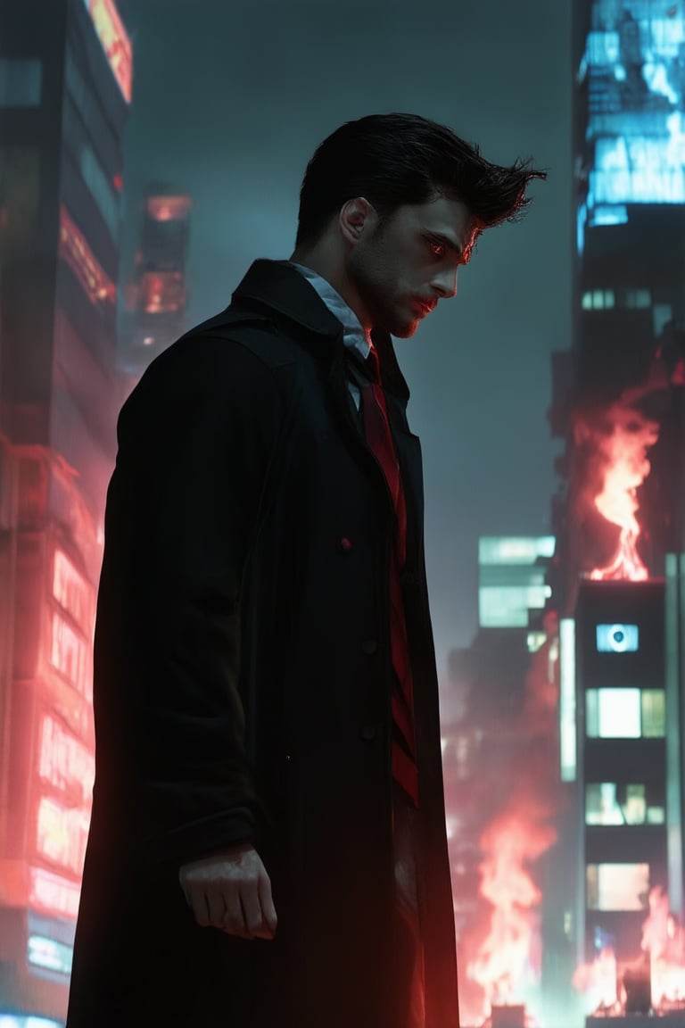 A dark hero stands tall in a misty night cityscape, silhouetted against neon-lit skyscrapers. He wears a black trench coat with a crimson tie, his piercing eyes gleaming like hot coals. The wind whispers secrets as he gazes out into the darkness, his strong jawline set in determination.