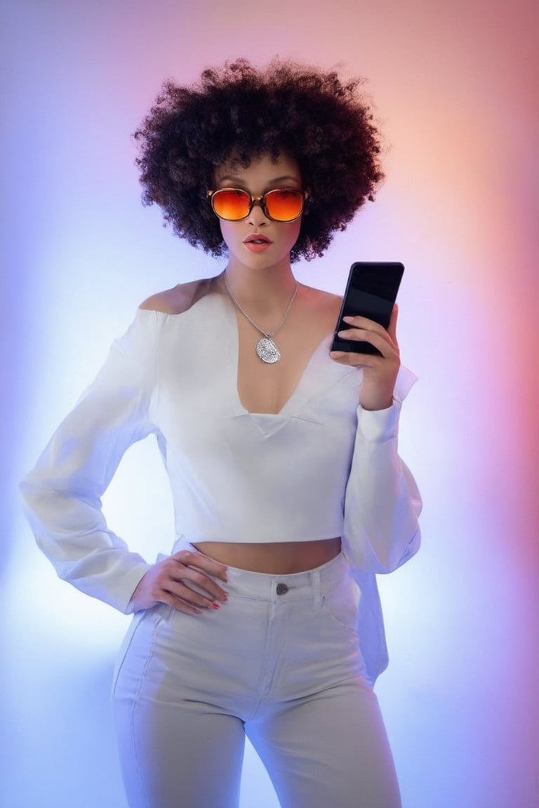 A big-haired beauty stands confidently in a bright, white-lit studio, surrounded by soft-focus pink and peach hues. She sports oversized, trendy sunglasses and a bold lip color that matches the fiery hue of her shoulder-length curls. A delicate silver necklace glimmers around her neck as she strikes a sassy pose, one hand resting on her hip and the other holding a sleek, black phone.