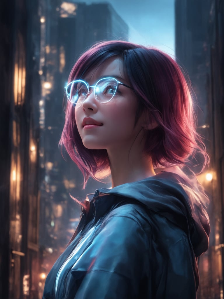 A cyberpunk girl with clear neon glasses stands out against a decadent, highly detailed backdrop. Golden ratio details abound in the intricate cityscape as she gazes upwards, her eyes shining with a warm, heartwarming light. Smooth, sharp focus captures every feature, from the subtle smile to the vibrant hair, set against a deep, rich background. Light leaks and subsurface scattering add a touch of realism, while rim lighting casts a flattering glow. In this UHD masterpiece, loish-esque lines and wlop-inspired texture come together in a truly charming, uplifting piece of concept art.