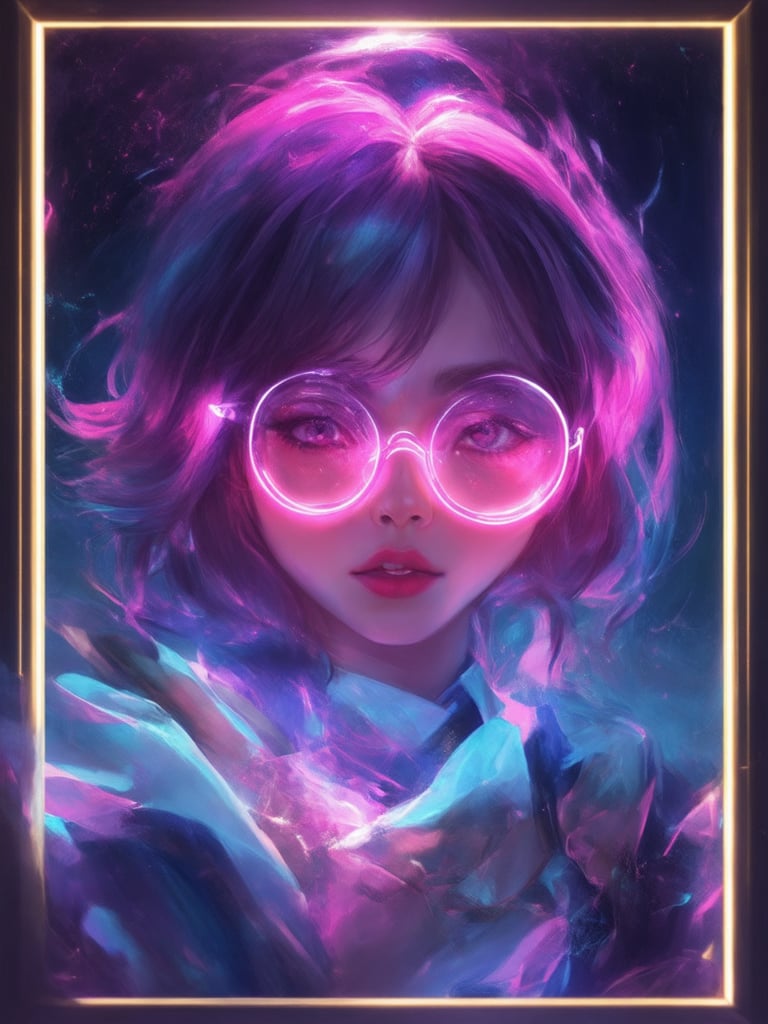 Neon-lit fantasy meets cyberpunk chic. A mesmerizing girl with clear neon glasses and intricate details adorns a golden ratio-framed digital painting. Set against a deep, vibrant background, she poses amidst light leaks, subsurface scattering, and rim lighting that accentuates her detailed eyes and face. Every brushstroke is a masterpiece of UHD quality, reminiscent of Artgerm's and Loish's works. Heartwarming and charming, this concept art shines with an uplifting aura, inviting the viewer to immerse themselves in its sharp focus and decadent details.