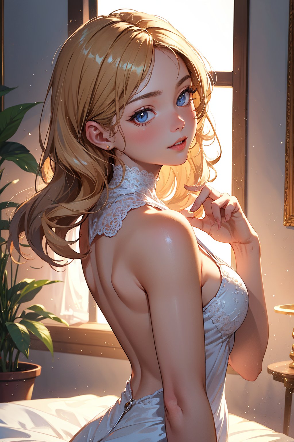 A stunning masterpiece of a portrait! A young girl with an angelic face sits in the foreground, her porcelain skin illuminated by soft, golden lighting. Her delicate features are framed by lush, curly locks that cascade down her back like a waterfall. She gazes directly at the viewer with an air of innocence and curiosity, her eyes sparkling with an inner light. In a tender gesture, she forms a V shape with her hands, as if cradling a secret or whispering a sweet nothings to herself. The camera captures this intimate moment in exquisite close-up, emphasizing every intricate detail from the soft focus of her dress to the gentle curves of her nose and lips.