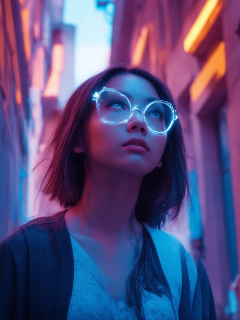 In a neon-drenched cyberpunk alleyway, a captivating girl with clear, glowing glasses gazes upward, her intricate features illuminated by a mesmerizing blend of light leaks, subsurface scattering, and rim light. The golden ratio guides the composition as she stands amidst decadent, highly detailed architecture. UHD resolution reveals every nuance: sharp focus on her smooth skin, detailed eyes, and masterpiece-quality face. Vibrant complementary colors dance in the background, while soft lighting and shading create a heartwarming, uplifting atmosphere, reminiscent of Loish's style.