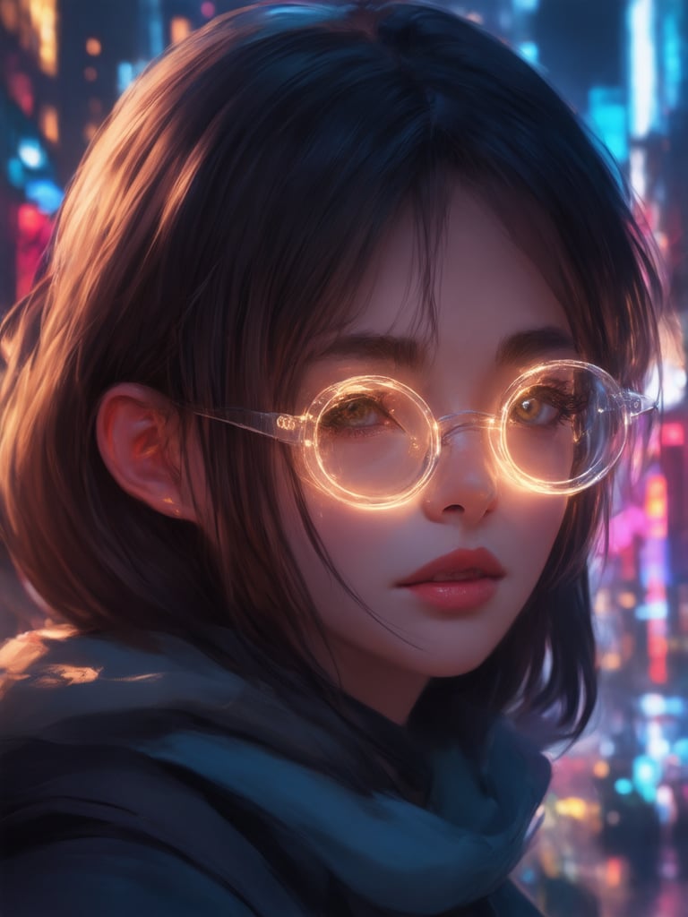 In a neon-lit cyberpunk metropolis, a captivating girl wears clear glasses that glow like lanterns in the dark. Her eyes, a masterpiece of intricate details, sparkle with warmth under the golden ratio-inspired framing. The smooth, 32k UHD illustration features a deep background of cityscapes and vibrant complementary colors. Soft light leaks and subsurface scattering create a charming, heartwarming atmosphere. Rim lighting accentuates her face, while sharp focus emphasizes every feature. This is a work of art by Artgerm, Loish, or Wlop, showcasing their expertise in digital painting with Octane Render on ArtStation.