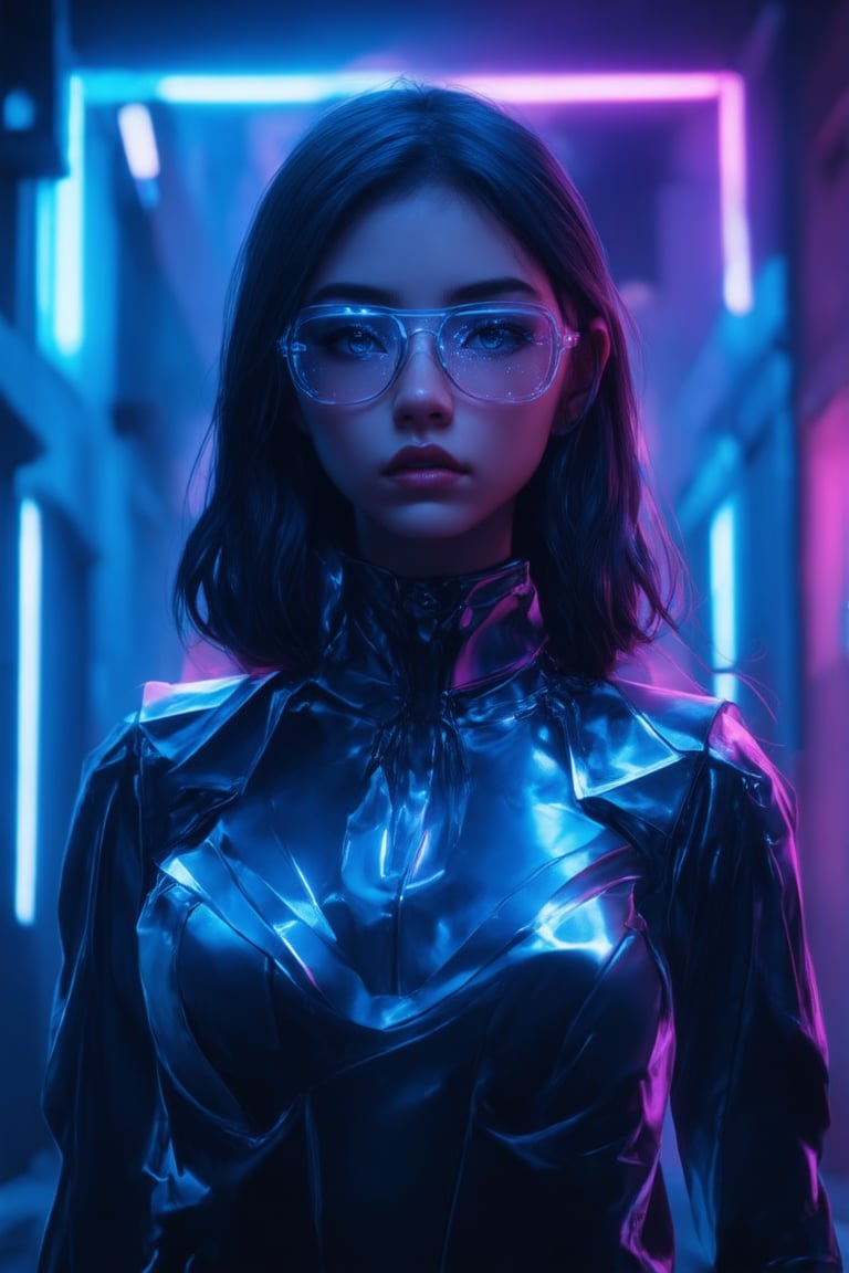 A cyberpunk girl stands amidst a neon-drenched alleyway, her clear glasses glowing with an otherworldly sheen. Framed by the golden ratio's harmonious lines, she wears an intricate outfit adorned with metallic accents. In 32K UHD detail, her face is a masterpiece of smooth features and sharp focus. Delicate light leaks and subsurface scattering dance across her skin, while rim light accentuates her features. The background hums with vibrant colors, deep and mysterious. (ArtStation quality)