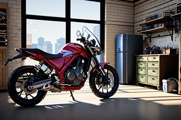 detailed cinematic dof render of an old dusty store room and a motorcycle Honda in centre with items around, messy dirty room. the sunshine come from the window and shine on the motorcycle,a desk which is full of tools and computer , it's under window. High detail hard surface render