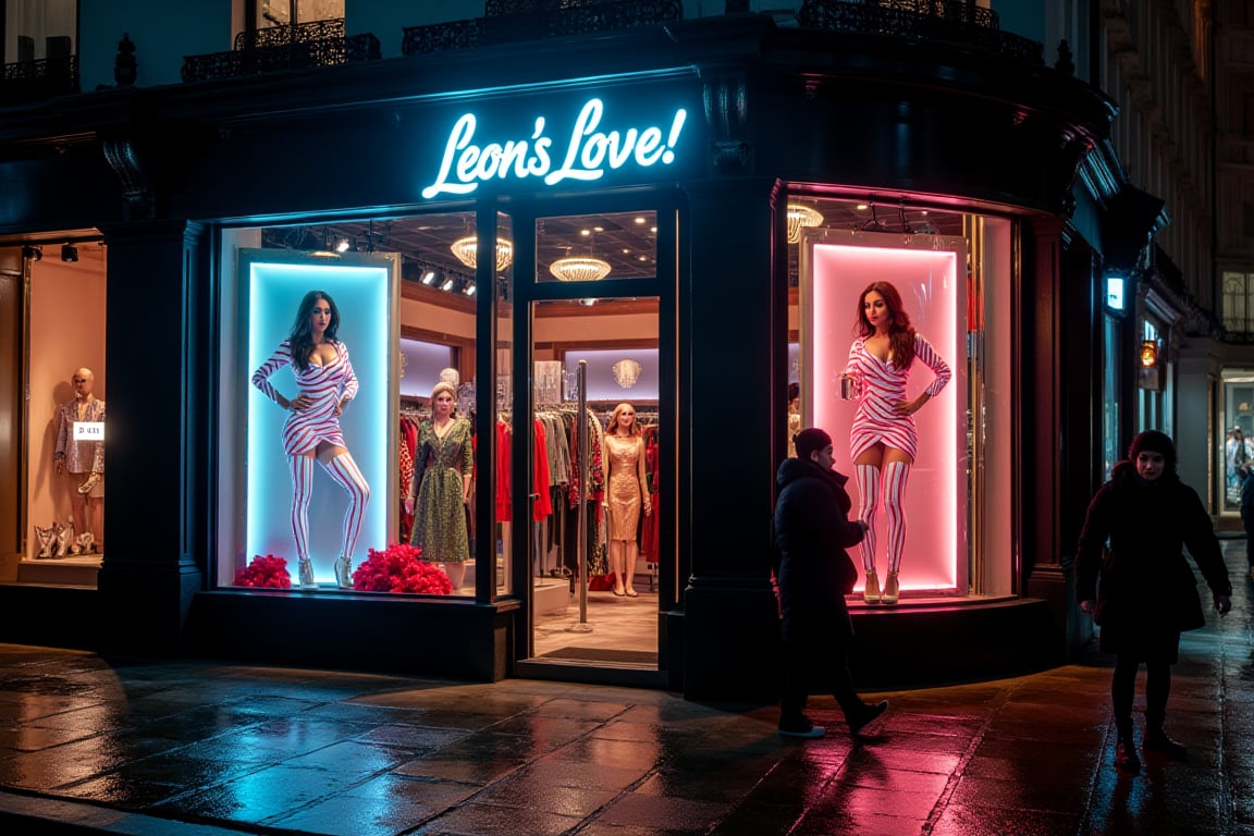 Location is london street corner ,raining day,a light luxury big shopwindow which is a fancy fashion brand 'Leon's Love!',two stunning and beautiful idol face models are rendered in exquisite detail, wearing sexy dress,they are housed in the shopwindow with neon stripes on them, and the subject's dynamic pose is set against a backdrop of textured night and moonlight.show good figure full body image.a few walkers are passing the shopwindow on street, reminiscent of Kodak film. The shopwindow has a white lighting sign at the top "Leon's Love!'",which is in darker tones, except for the inside of the light box, which is lit.this image is wide shot. The image has a strong ambiguity, enhanced by the lighting and her expressive, sensual expression.