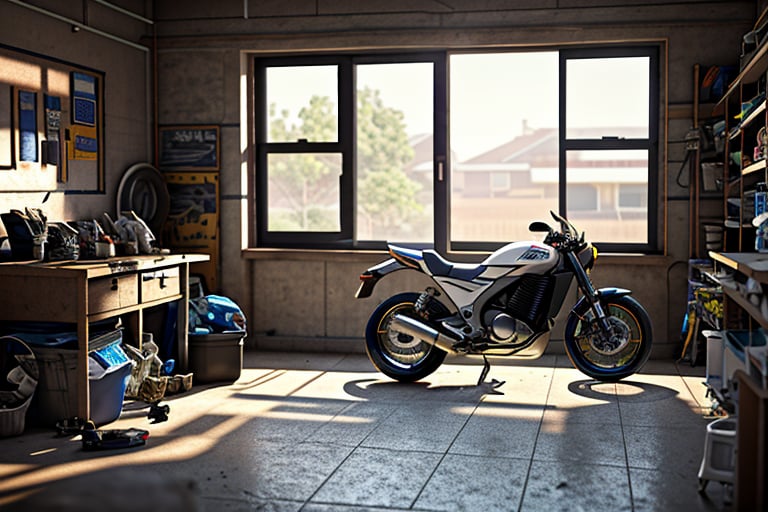 detailed cinematic dof render of an old dusty store room and a motorcycle Honda in centre with items around, messy dirty room. the sunshine come from the window and shine on the motorcycle,a desk which is full of tools and computer , it's under window. High detail hard surface render