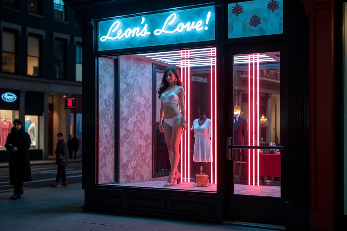 Location is New York street corner ,a light luxury big shopwindow which is a fancy fashion brand 'Leon's Love!',a stunning and beautiful idol face is rendered in exquisite detail, wearing white lace sexy underwear, She is housed in the shopwindow with neon stripes on her, and the subject's dynamic pose is set against a backdrop of textured night and moonlight.show good figure full body image.a few walkers are passing the shopwindow on street, reminiscent of Kodak film. The shopwindow has a white lighting sign at the top "Leon's Love!'",which is in darker tones, except for the inside of the light box, which is lit.this image is wide shot. The image has a strong ambiguity, enhanced by the lighting and her expressive, sensual expression.