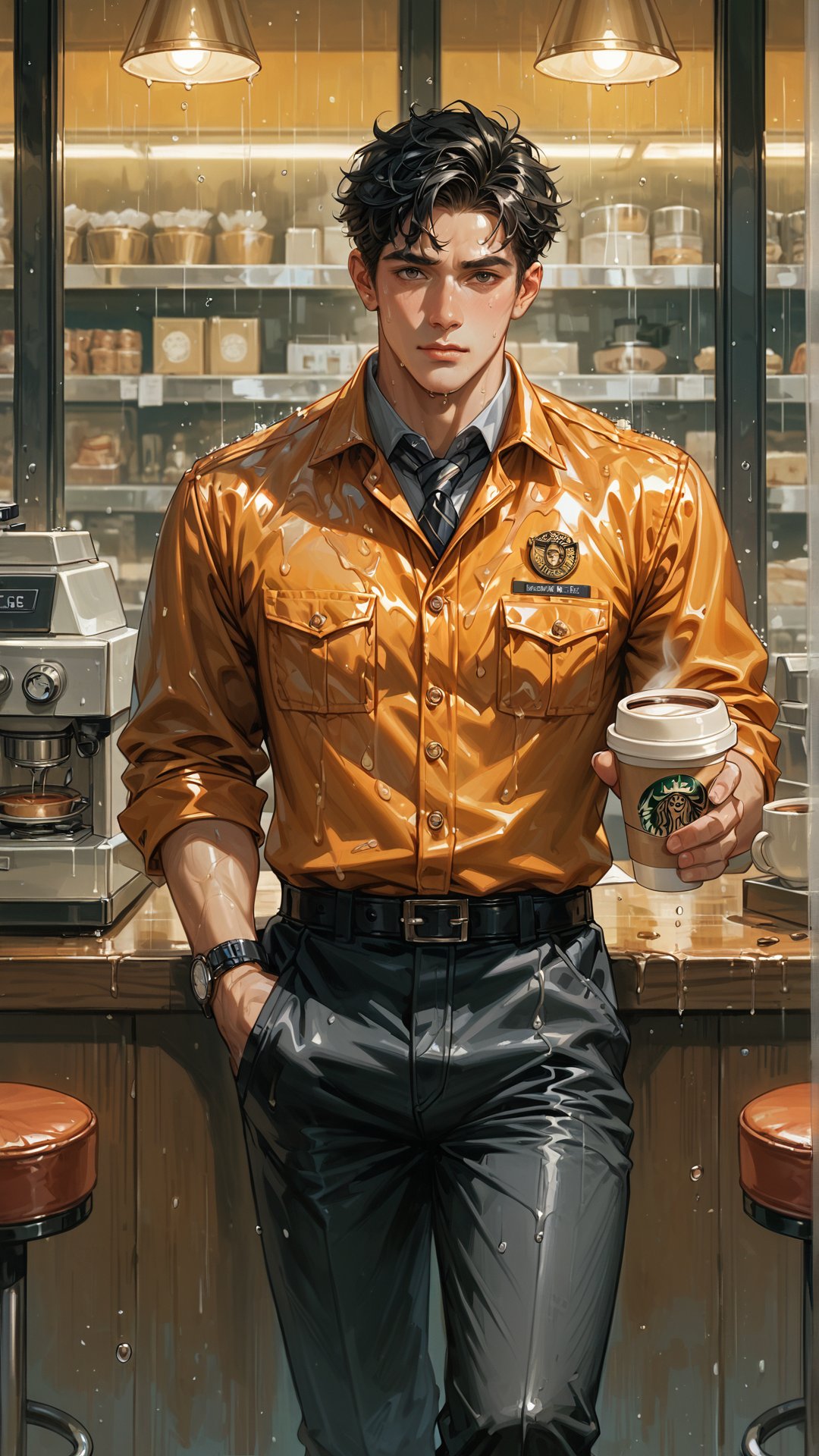 score_9, score_8_up, score_7_up, score_6_up,  rating_explicit, Expressiveh,best quality,masterpiece, masterpiece, best quality, ultra_detailed, highres, 
A handsome muscular man ( 20y ,student, oiled skin, orange uniform, long black pants, short black hair), drinking coffee in a coffee shop, in the rain,
at the university, Solo_Focus, full body 