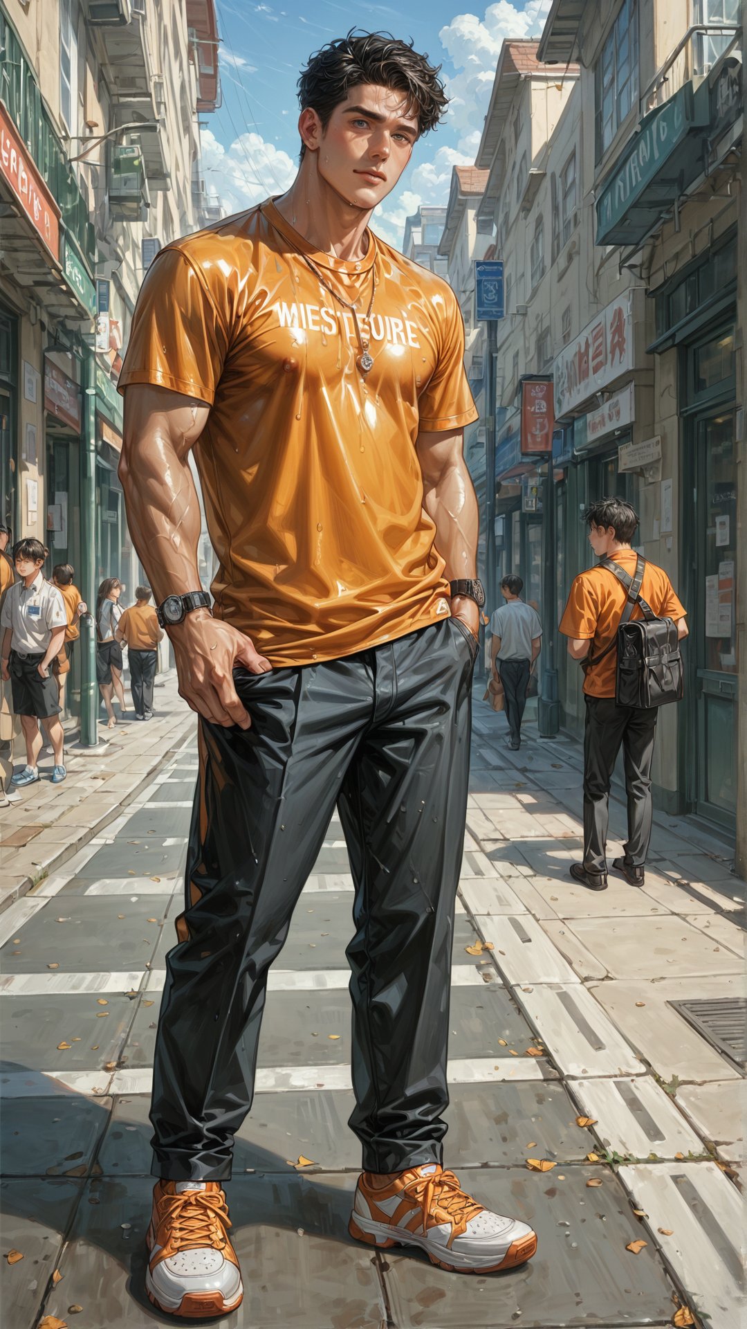 score_9, score_8_up, score_7_up, score_6_up,  rating_explicit, oiled skin,  Expressiveh,best quality,masterpiece, masterpiece, best quality, ultra_detailed, highres, 
A handsome muscular man ( 20y ,student, orange uniform, orange t-shirt with "BTEC" printed on it, long black pants, short black hair), 
at the university, Solo_Focus, full body 