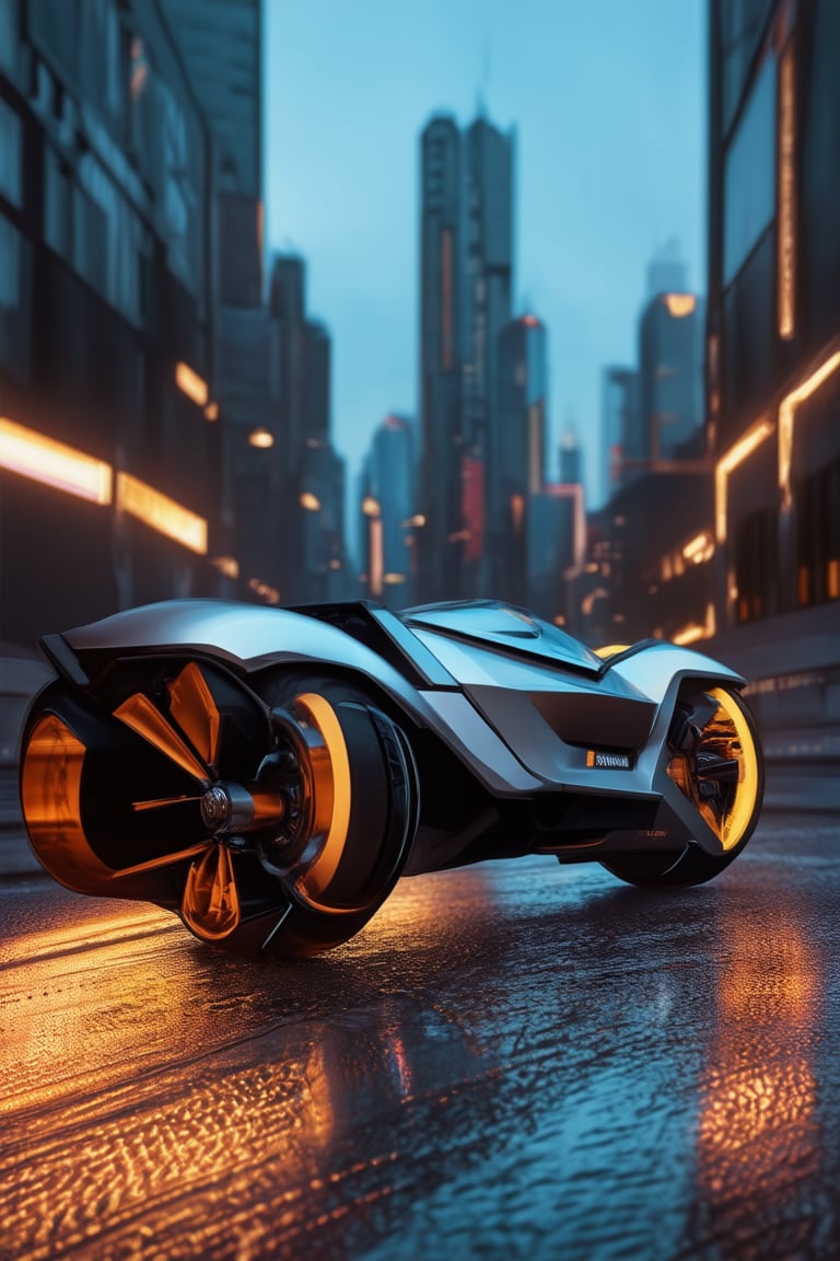 A futuristic cityscape at dusk, with neon lights reflecting off wet pavement. A sleek, silver hoverbike zooms into frame, its wheels blurred as it accelerates. The surrounding buildings' angular lines and geometric shapes are illuminated by a warm orange glow, contrasting the bike's smooth curves.